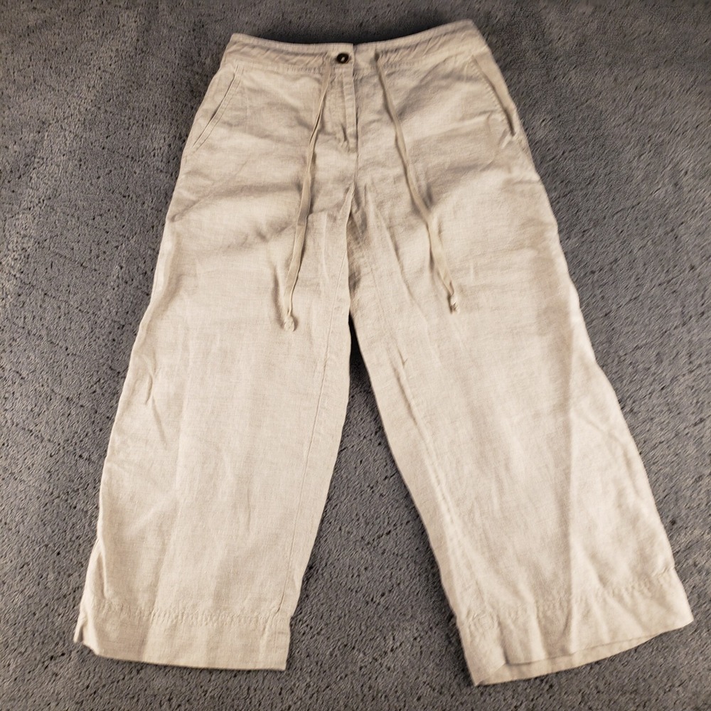Talbots Pants Womens 6 Khaki Wide Leg Crop Pure Irish Linen Loose Beach Coastal